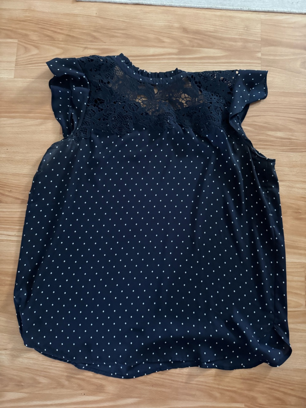 Women's Navy Polka Dot Lace Yoke Blouse